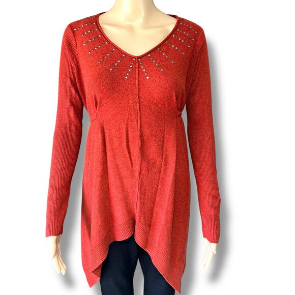 One World Womens Tunic Sweater Pullover Asymmetrical Studded Burnt Orange Medium - Picture 3 of 11